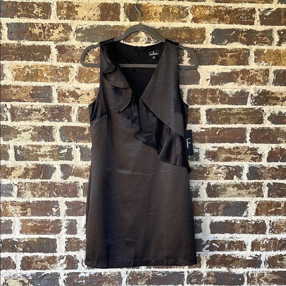 NWT Lulus Aubrianna Black Satin Ruffled Mini Dress Small